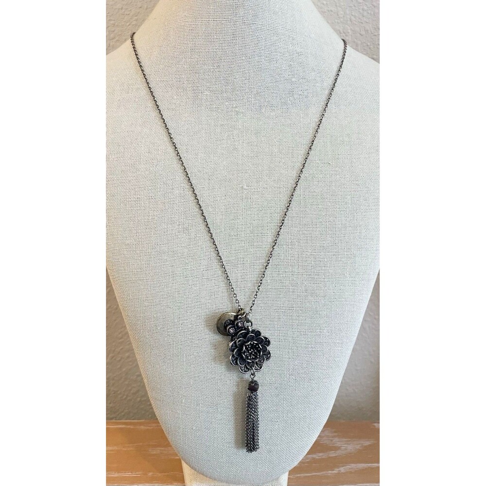 Lucky Brand Silver Tone Flower Tassel Pendant Rolo Chain Pavé Pink Crystal Cross